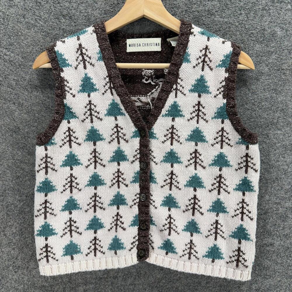 Marisa Christina Vest Women M Medium Brown Tree Print V-Neck Wool Knit Button